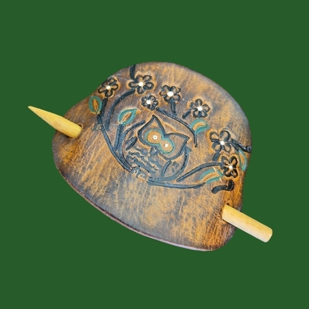 Vintage 1970s Hand Tooled Floral Owl Leather Ponytail Stick Holder